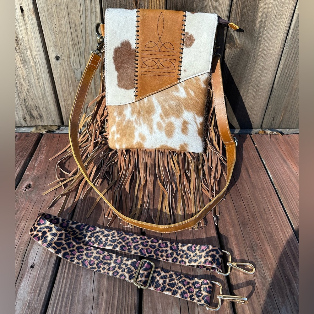 🤠NEW GENUINE COWHIDE BOOT STITCH LEATHER CROSSBODY BAG FRINGE LEOPARD STRAP🐴